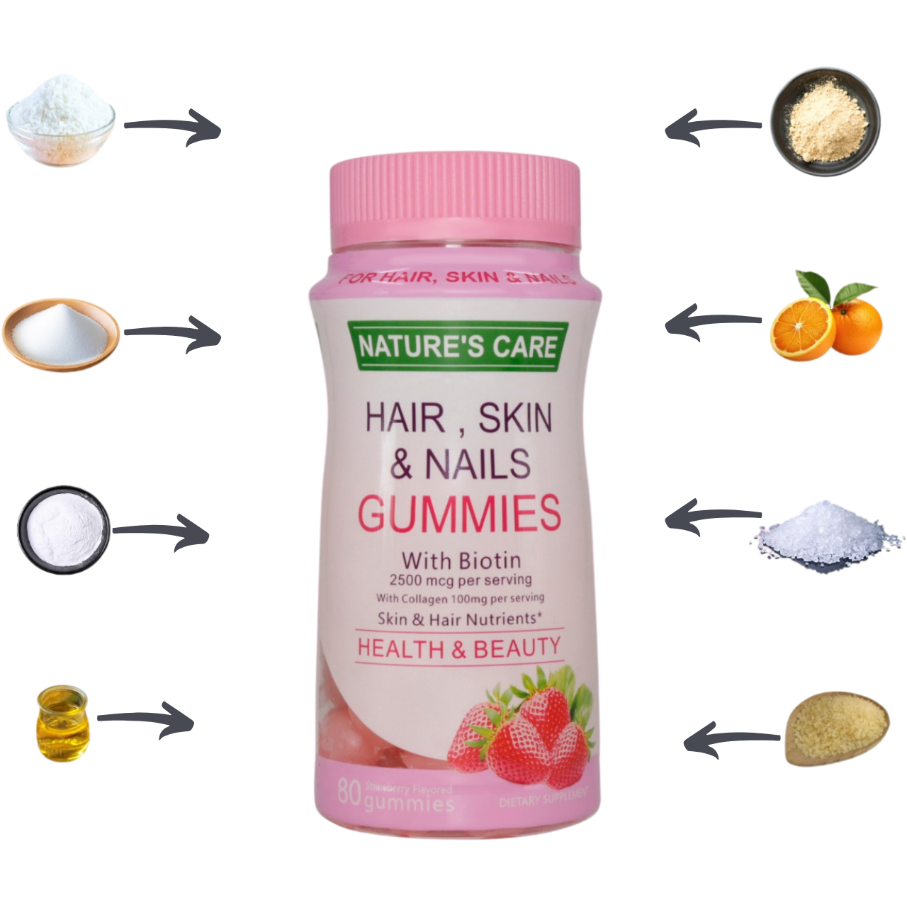 Nature's Care Hair, Skin and Nails Gummies - 80 Strawberry Flavoured Gummies