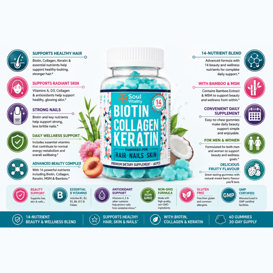 Biotin Collagen Keratin Gummies – Hair, Skin & Nails Support
