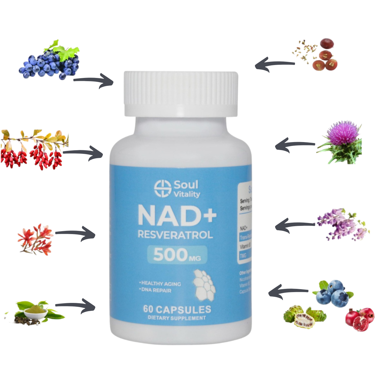 NAD+ Resveratrol 500mg - 60 Dietary Supplement Capsules