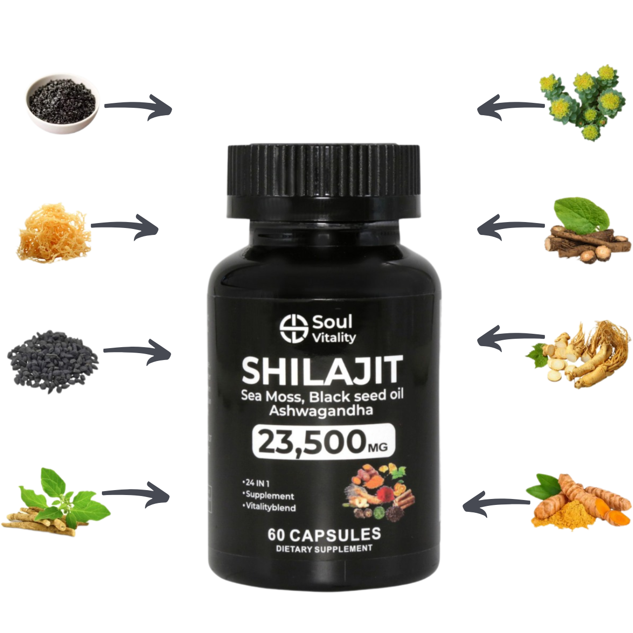 Shilajit Seamoss, Black Seed Oil & Ashwagandha 23 500mg - 60 Capsules