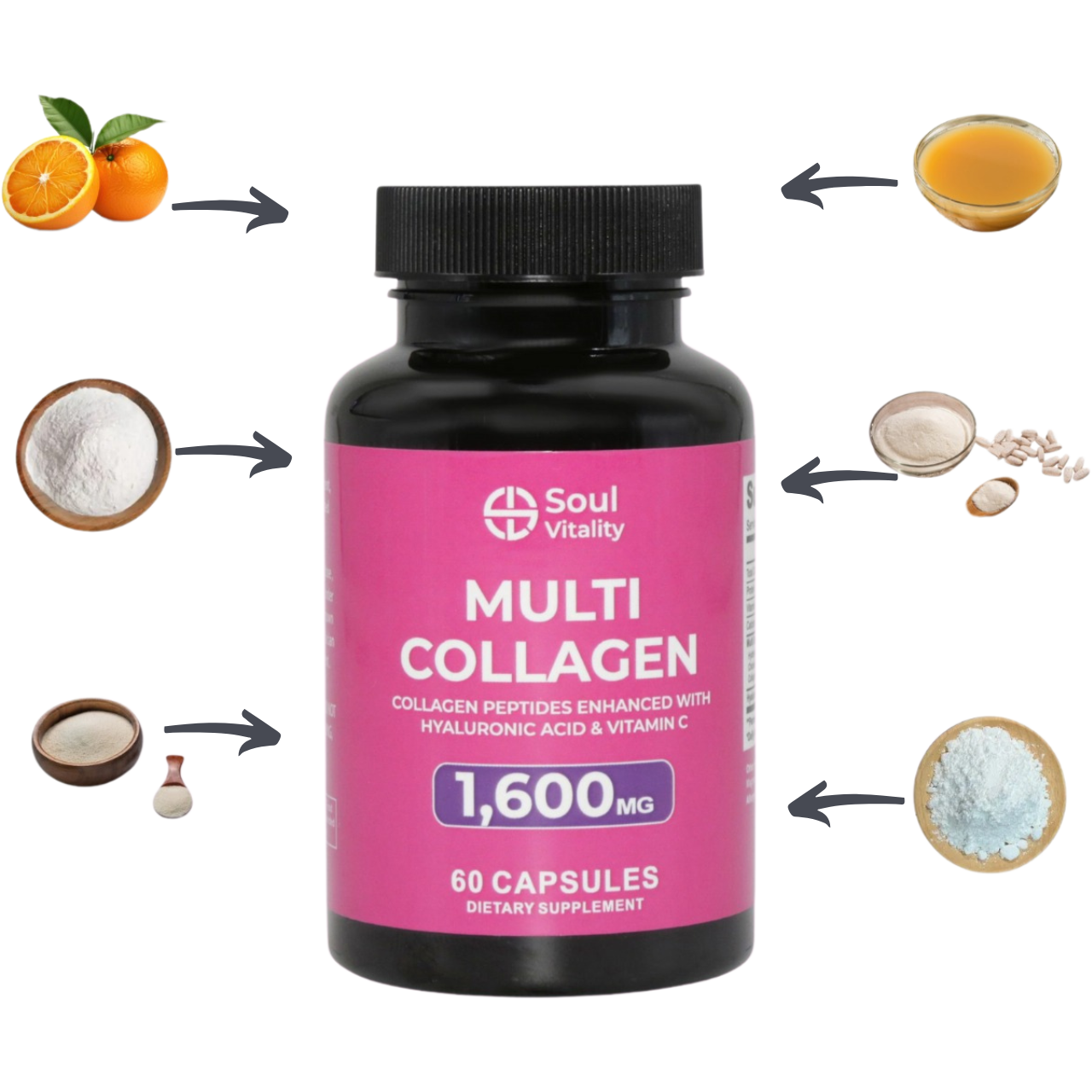 Multi Collagen with Hyaluronic Acid & Vitamin C 1600mg - 60 Capsules