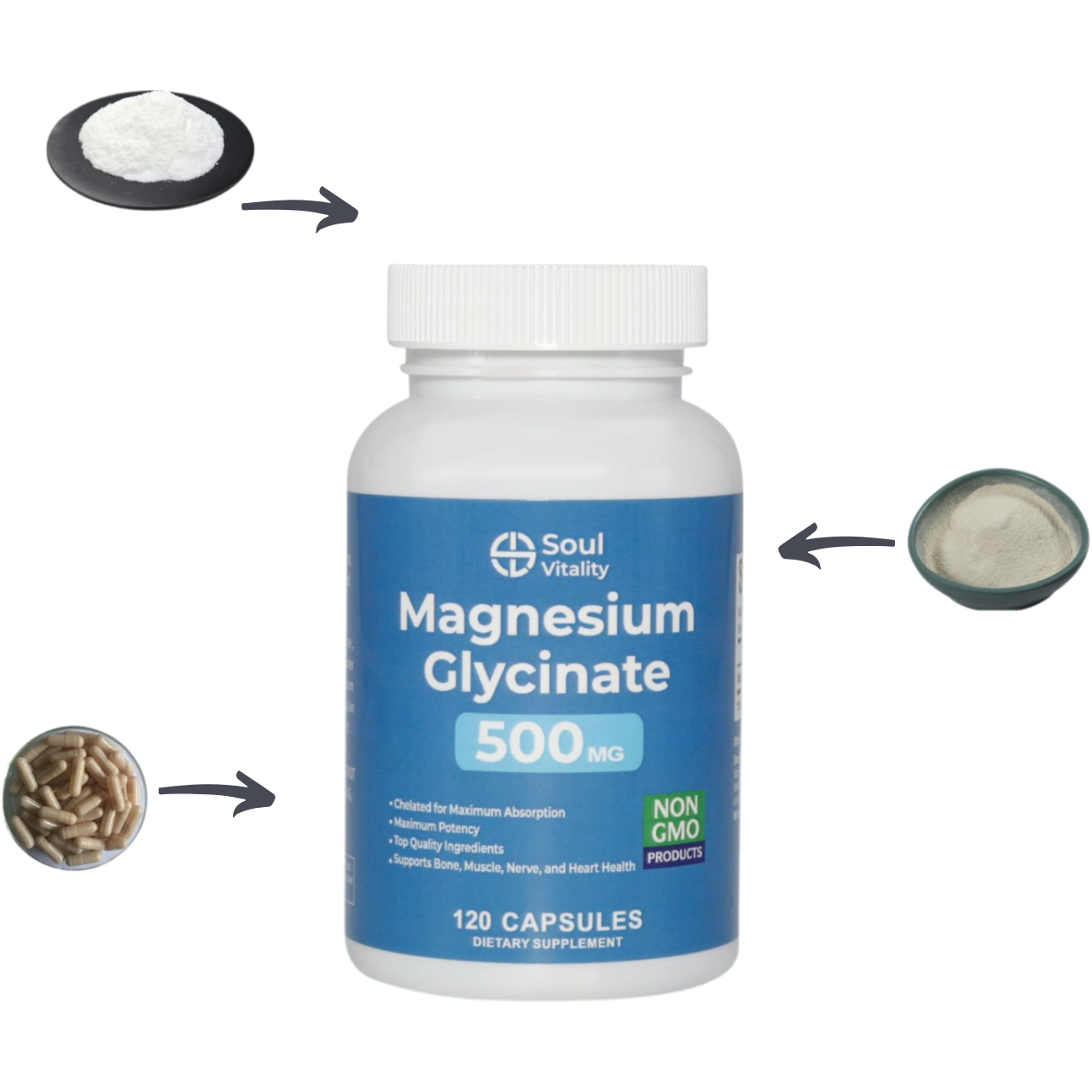 Magnesium Glycinate 500mg - 120 Dietary Supplement Capsules