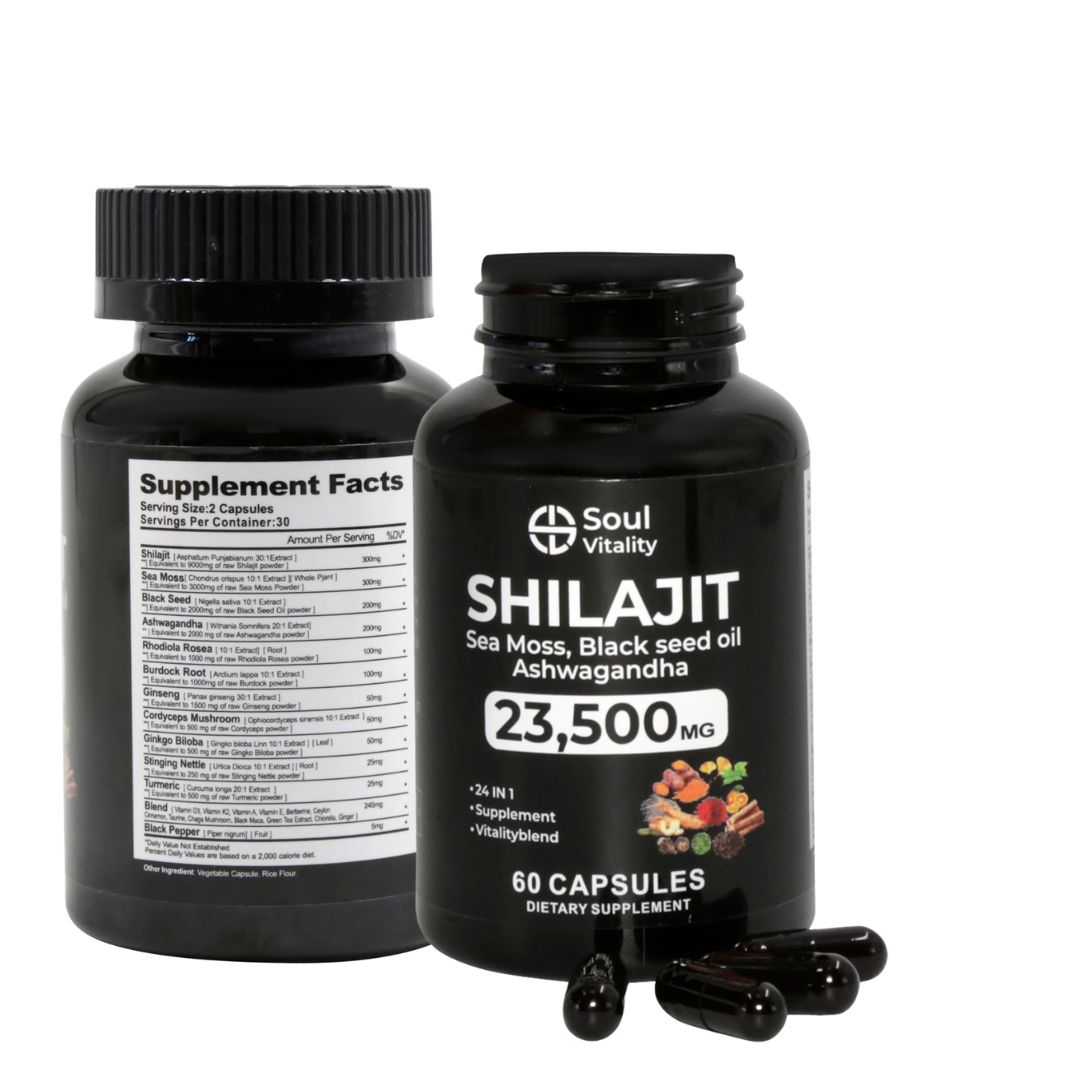 Shilajit Seamoss, Black Seed Oil & Ashwagandha 23 500mg - 60 Capsules