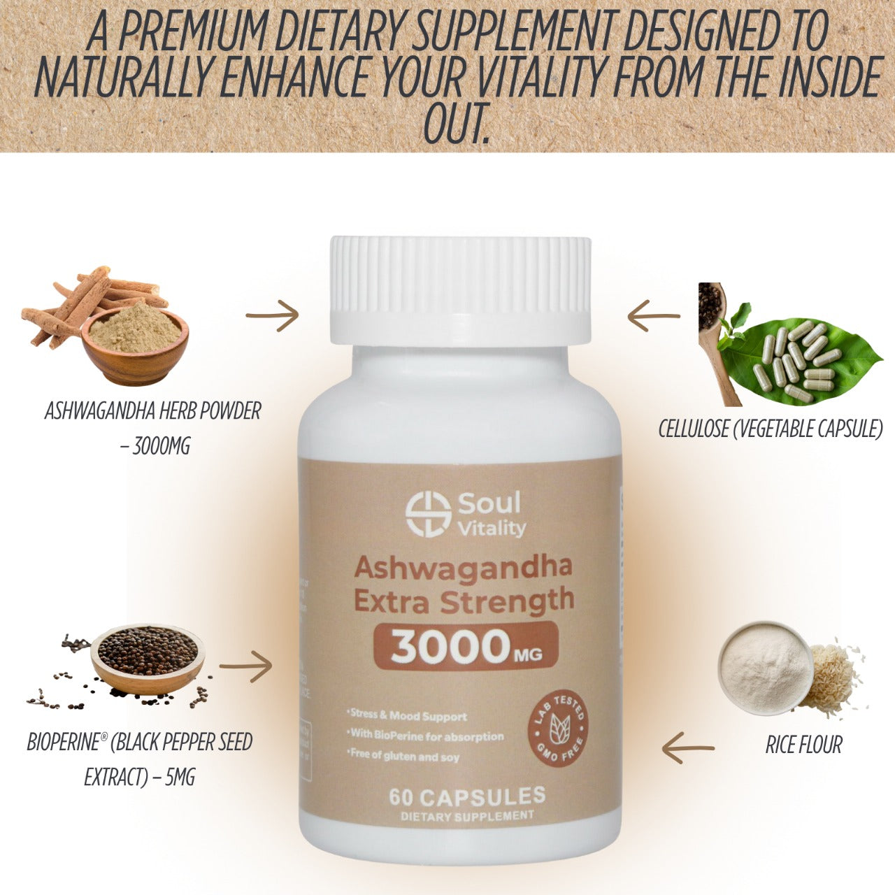 Ashwagandha Extra Strength 3000mg - 60 Dietary Supplement Capsules
