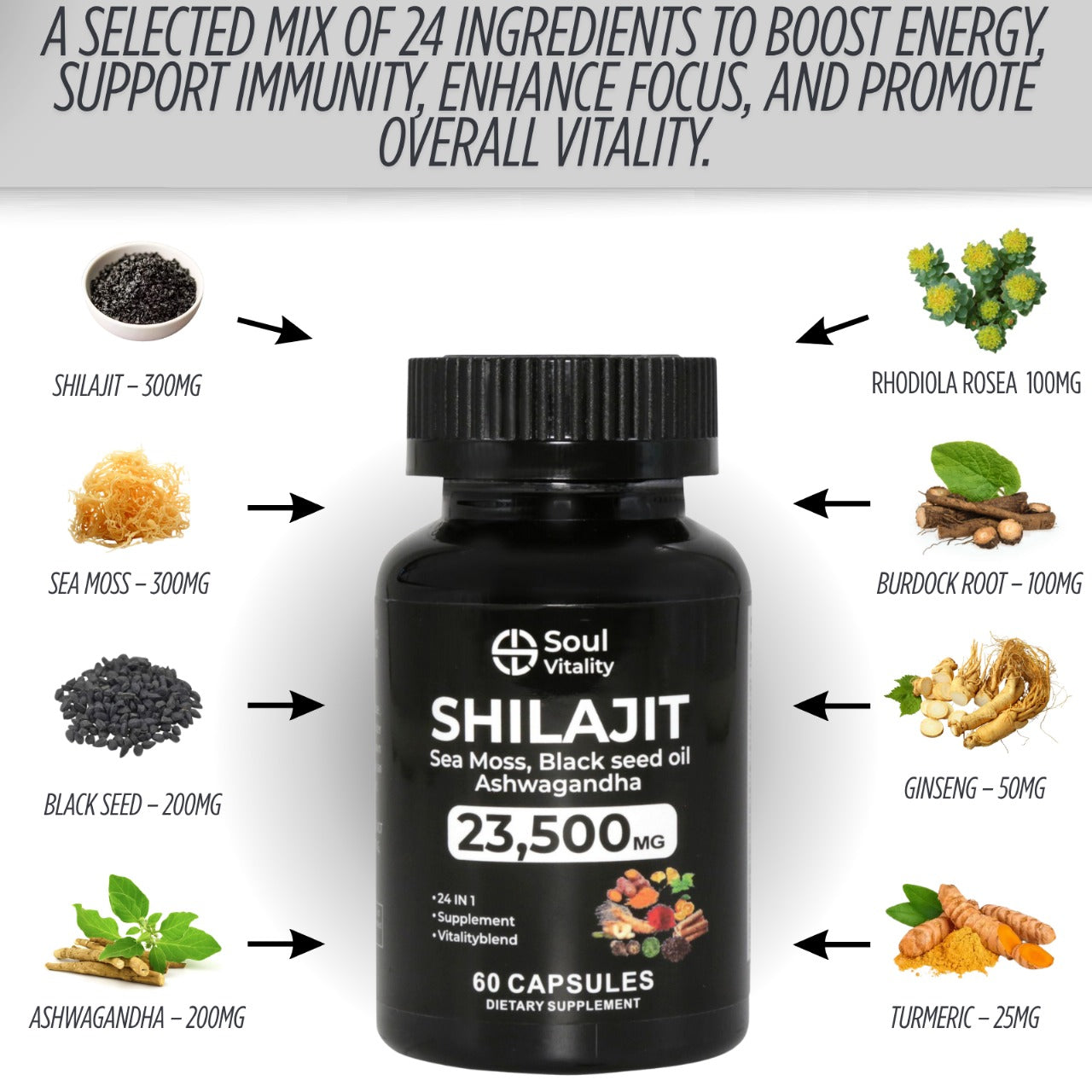 Shilajit Seamoss, Black Seed Oil & Ashwagandha 23 500mg - 60 Capsules