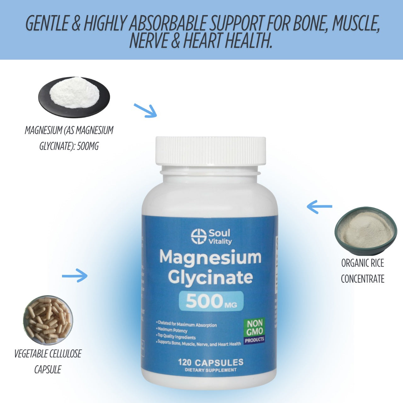 Magnesium Glycinate 500mg - 120 Dietary Supplement Capsules