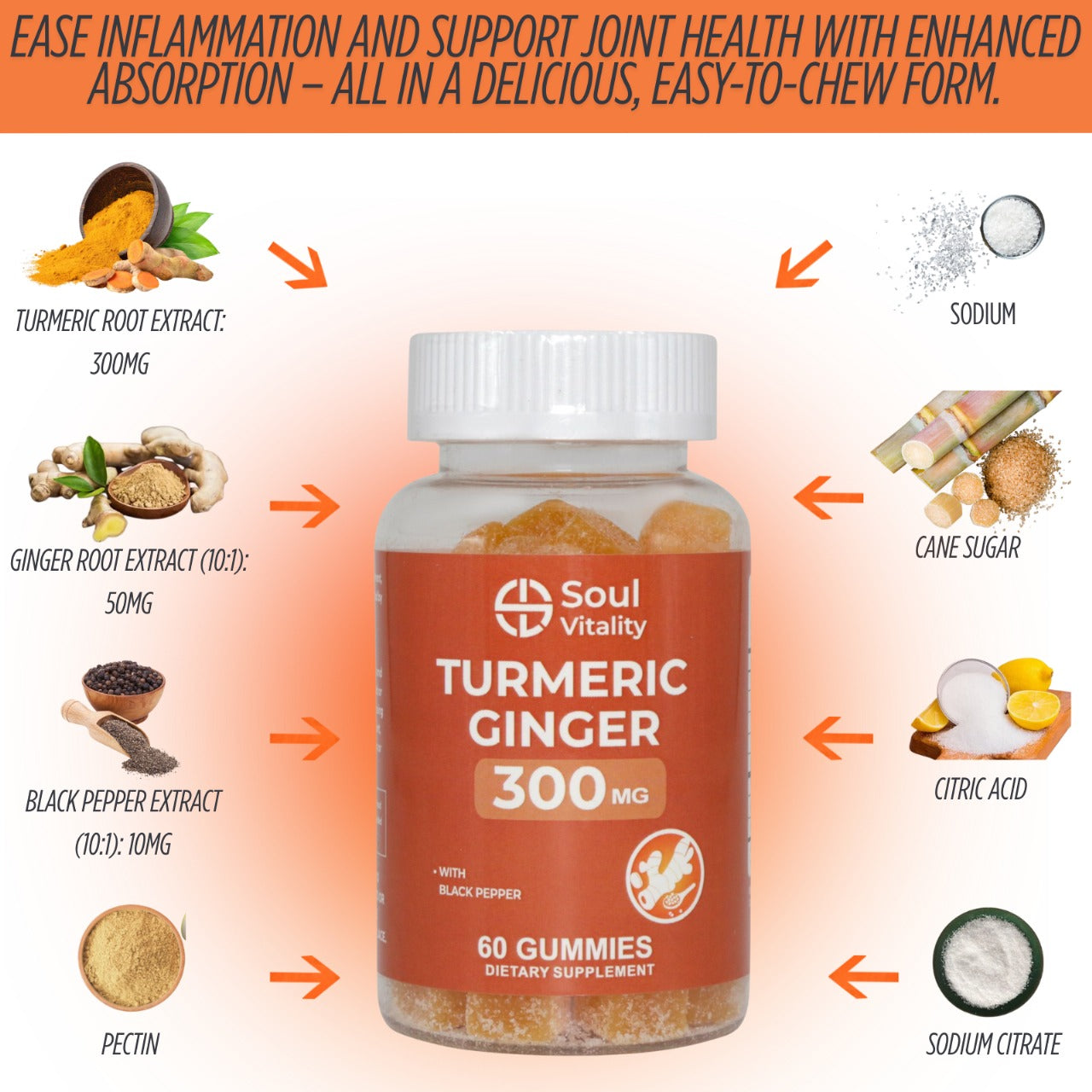 Tumeric Ginger 300mg - 60 Dietary Supplement Gummies