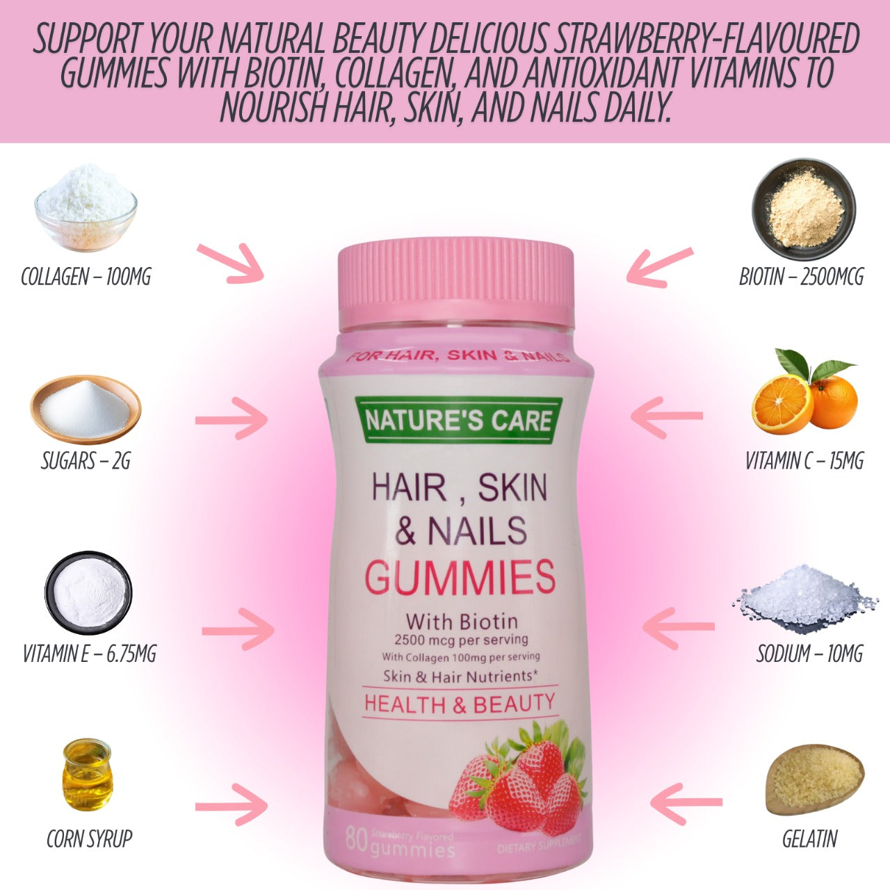 Nature's Care Hair, Skin and Nails Gummies - 80 Strawberry Flavoured Gummies