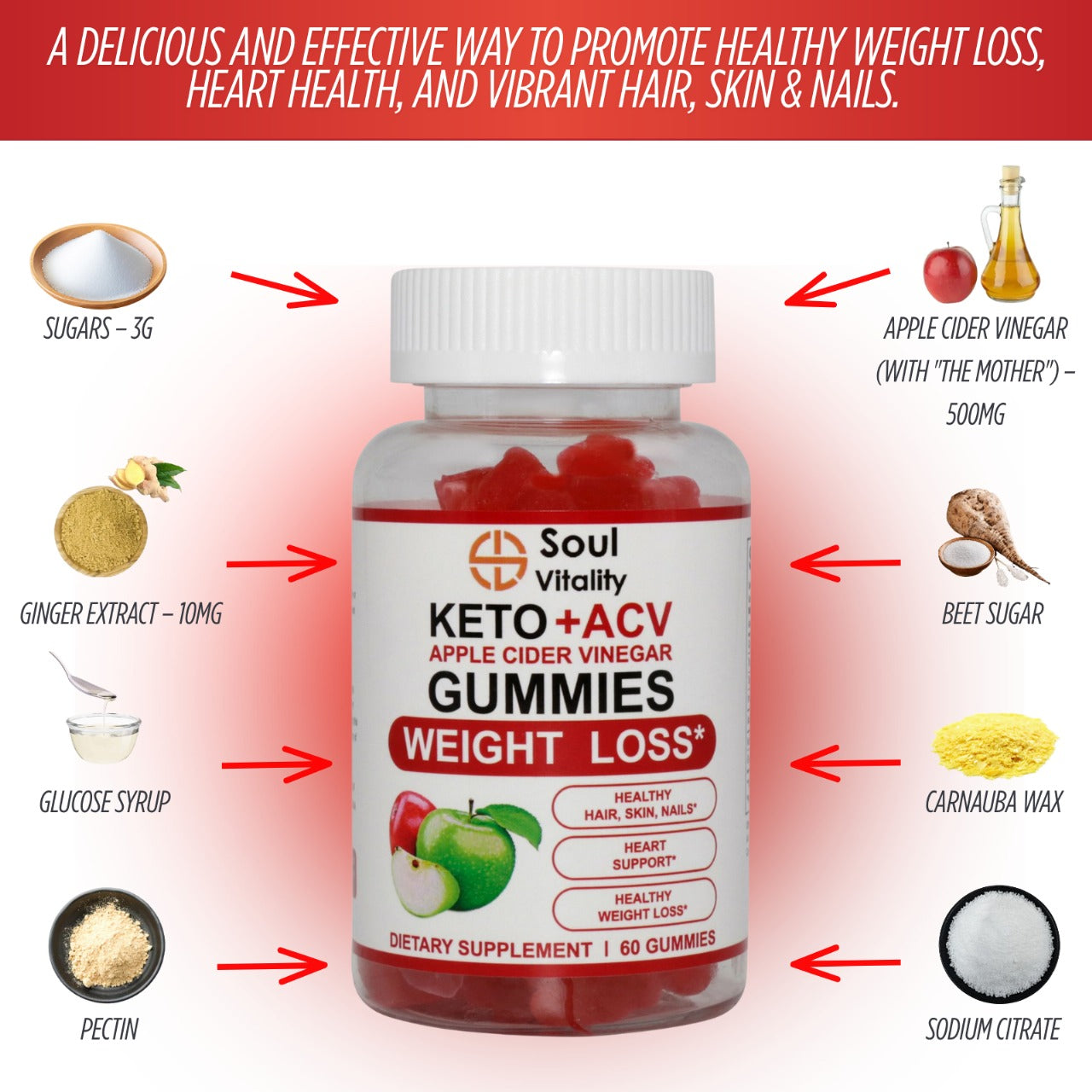Keto + ACV Apple Cider Vinegar Weight Loss Gummies - 60 Gummies.